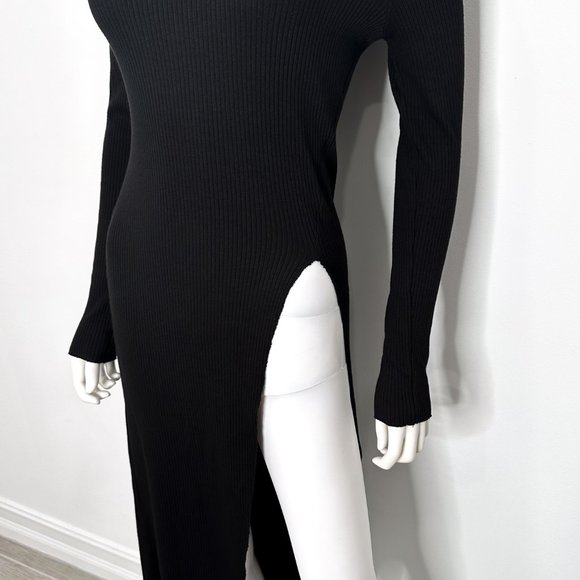 Revolve The Range Mock Neck Ribbed High Slit Long Sleeve Midi Dress in Black - Picture 6 of 14